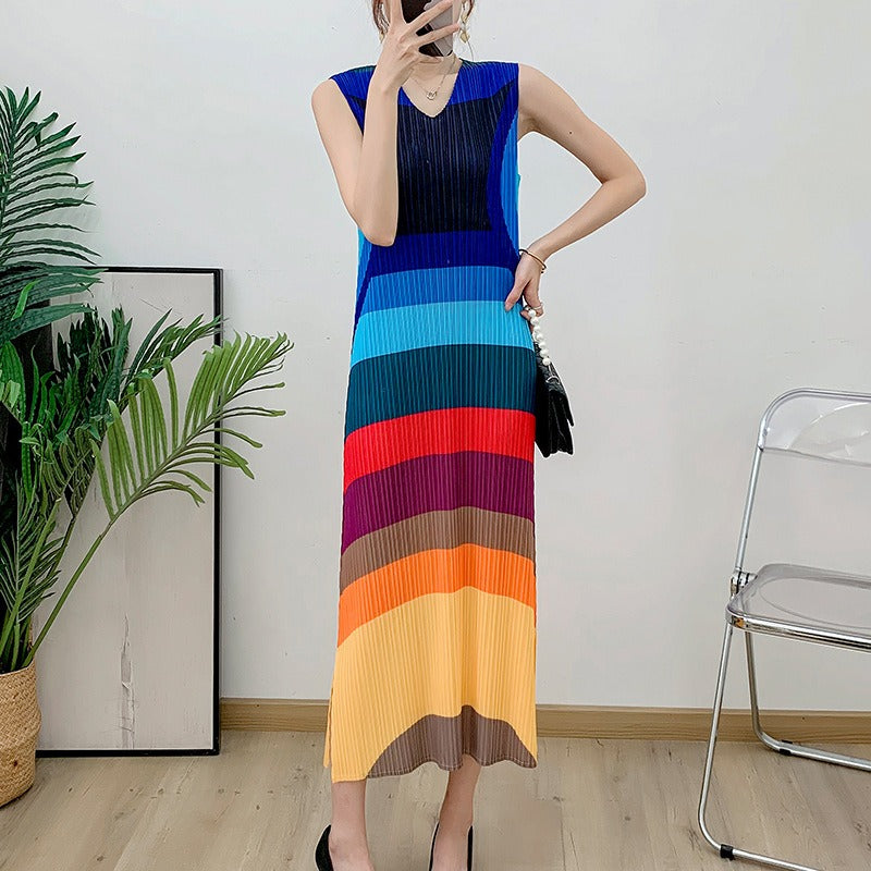 Bright Color Block Pleated Slim Fit Long Vest Dress for Women