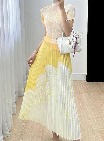 Half High Collar Top & High-Waist Stretch Skirt