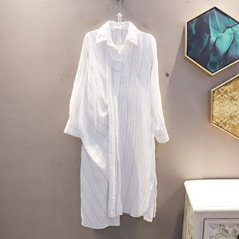 Lapel Fashion Mid-Length Pleated Shirt Skirt Autumn New Simple Loose Large Size Dress Women