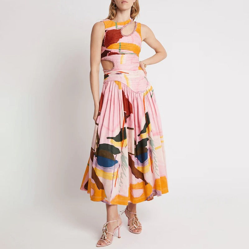 Bright Sleeveless Hollow Print Dress for Women