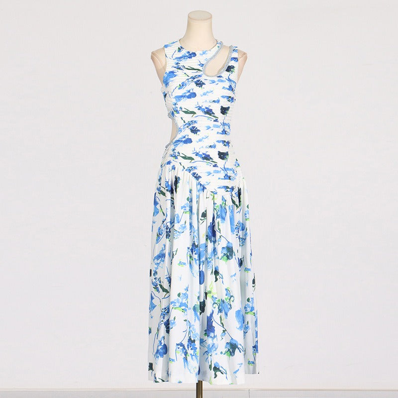 Bright Sleeveless Hollow Print Dress for Women