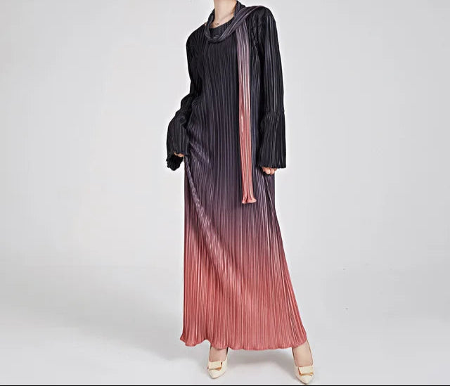 Bright Gradient Lace-Up Long Sleeve Elastic Waist Dress