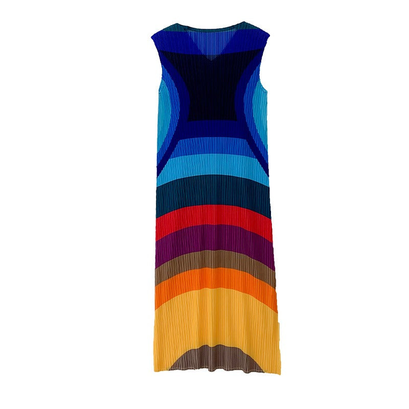 Bright Color Block Pleated Slim Fit Long Vest Dress for Women