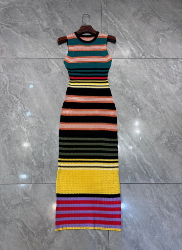 Horizontal Striped Sleeveless Slim Fit Jacquard Knit Dress