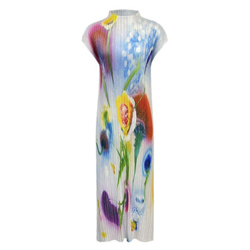 Bright Floral Half-High Neck Sleeveless Pleated Slim
