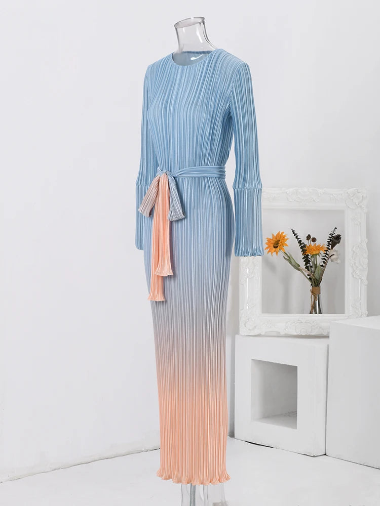 Bright Gradient Lace-Up Long Sleeve Elastic Waist Dress