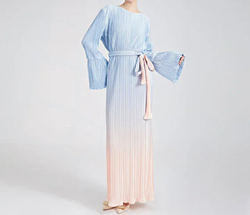 Bright Gradient Lace-Up Long Sleeve Elastic Waist Dress