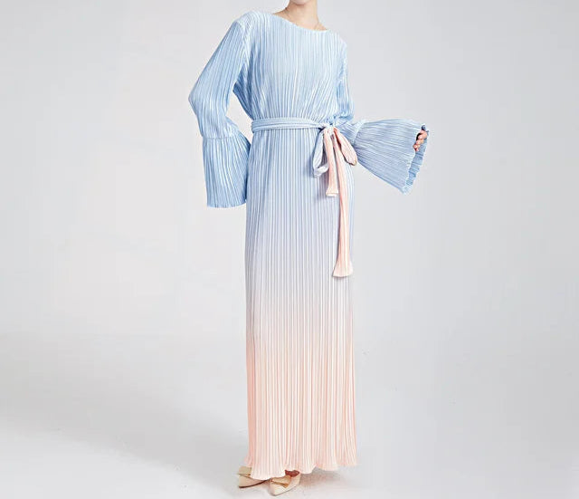 Bright Gradient Lace-Up Long Sleeve Elastic Waist Dress