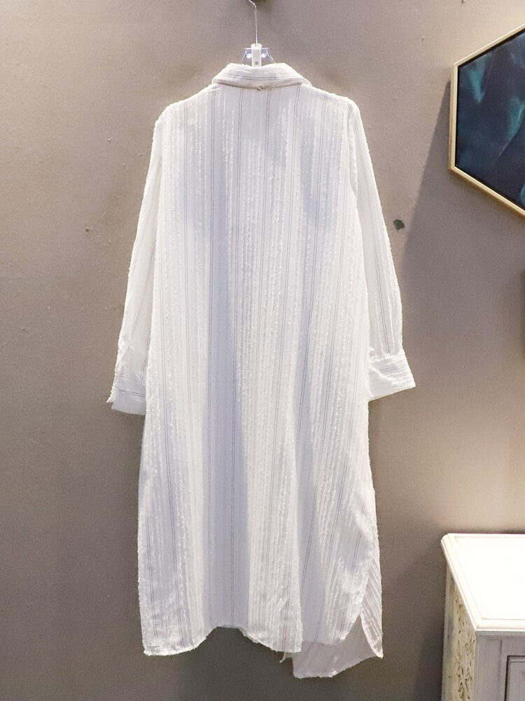 Lapel Fashion Mid-Length Pleated Shirt Skirt Autumn New Simple Loose Large Size Dress Women