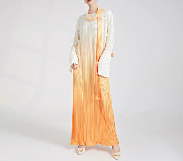 Bright Gradient Lace-Up Long Sleeve Elastic Waist Dress