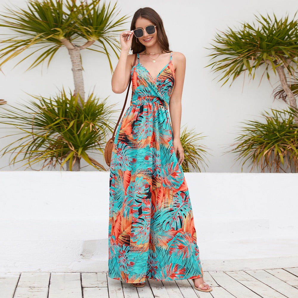 Tropical Floral Printed V-Neck Sundress