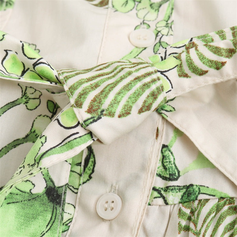 European and American shirt collar short-sleeved printed strap mid-length dress for women