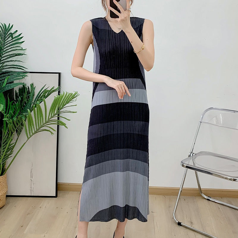 Bright Color Block Pleated Slim Fit Long Vest Dress for Women