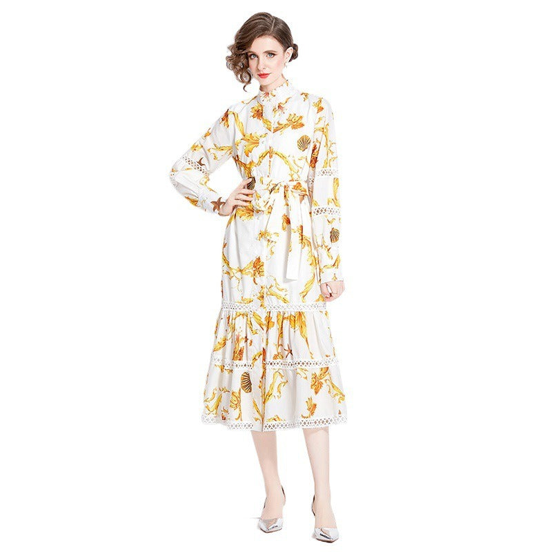 Fashionable Bohemian stand up collar lantern sleeves with waistband design, long printed dress