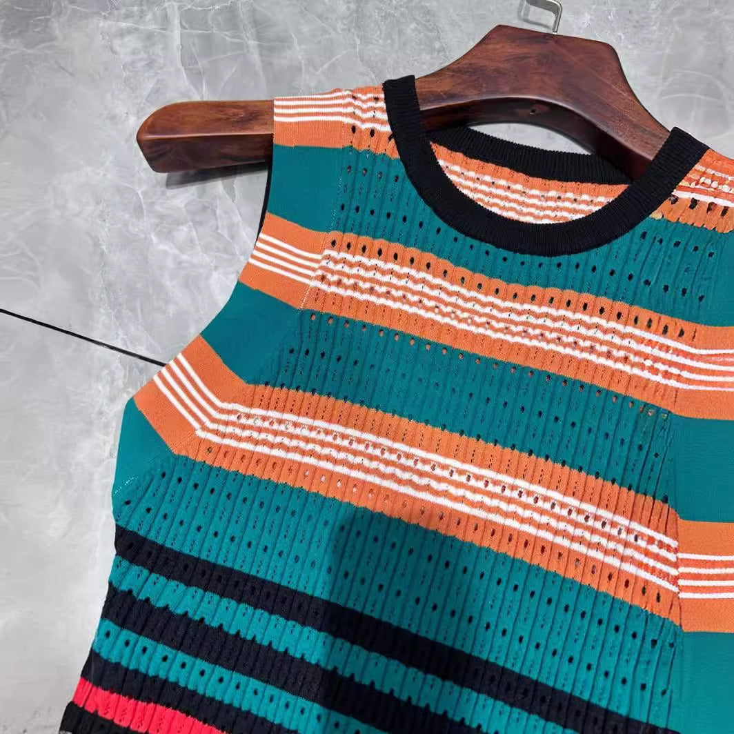 Horizontal Striped Sleeveless Slim Fit Jacquard Knit Dress