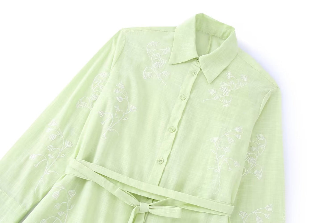 Autumn New Elegant Style Lapel Belt Single-Breasted Shirt Dress Women