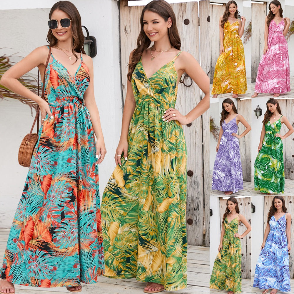 Tropical Floral Printed V-Neck Sundress