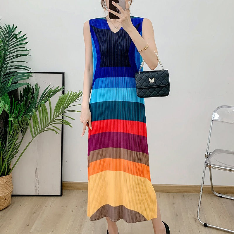 Bright Color Block Pleated Slim Fit Long Vest Dress for Women