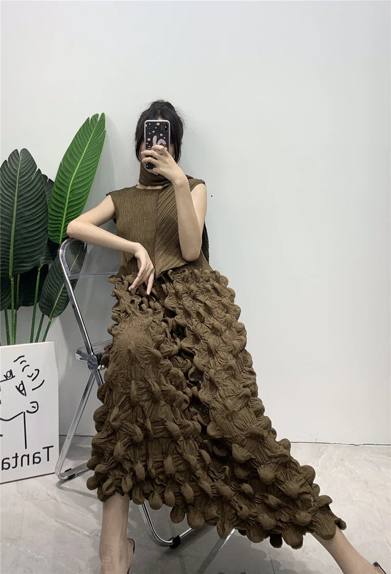 Miyake Pleated Sleeveless Bubbly Skirt Dress with Scarf