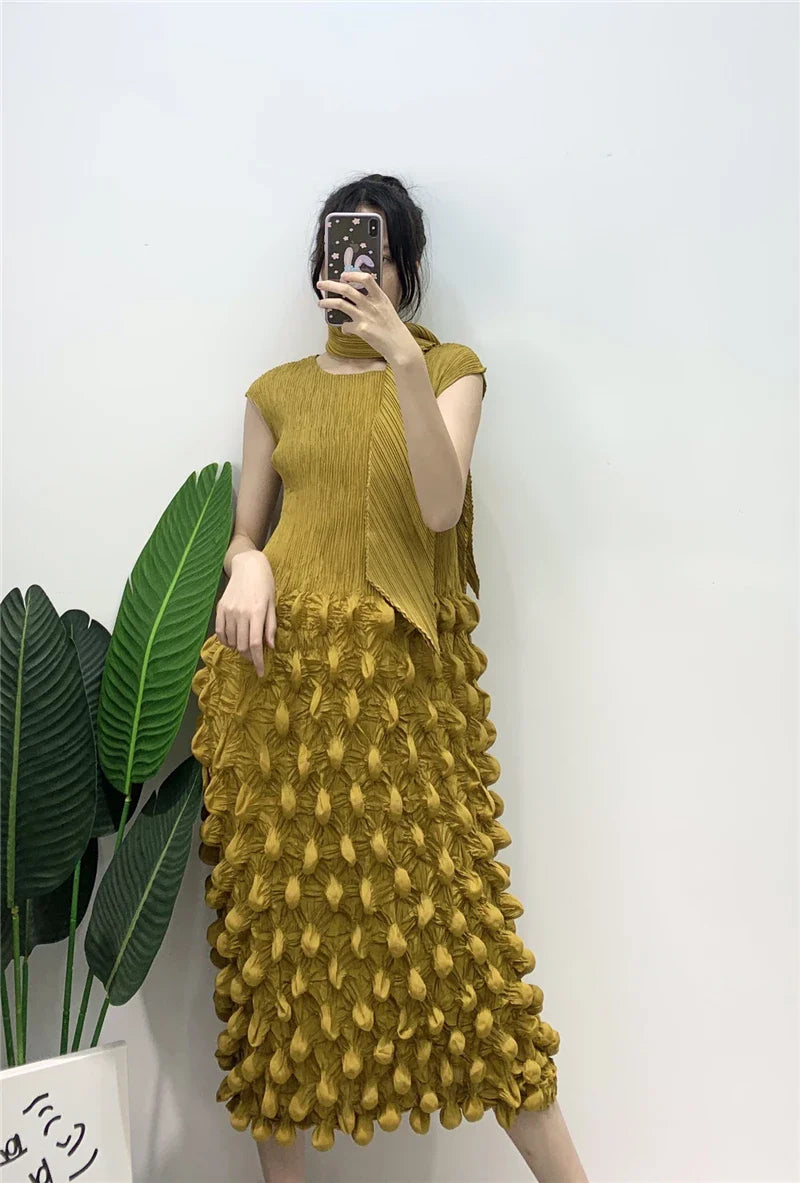 Miyake Pleated Sleeveless Bubbly Skirt Dress with Scarf