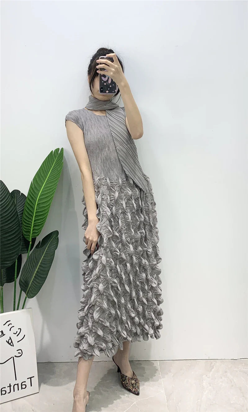 Miyake Pleated Sleeveless Bubbly Skirt Dress with Scarf