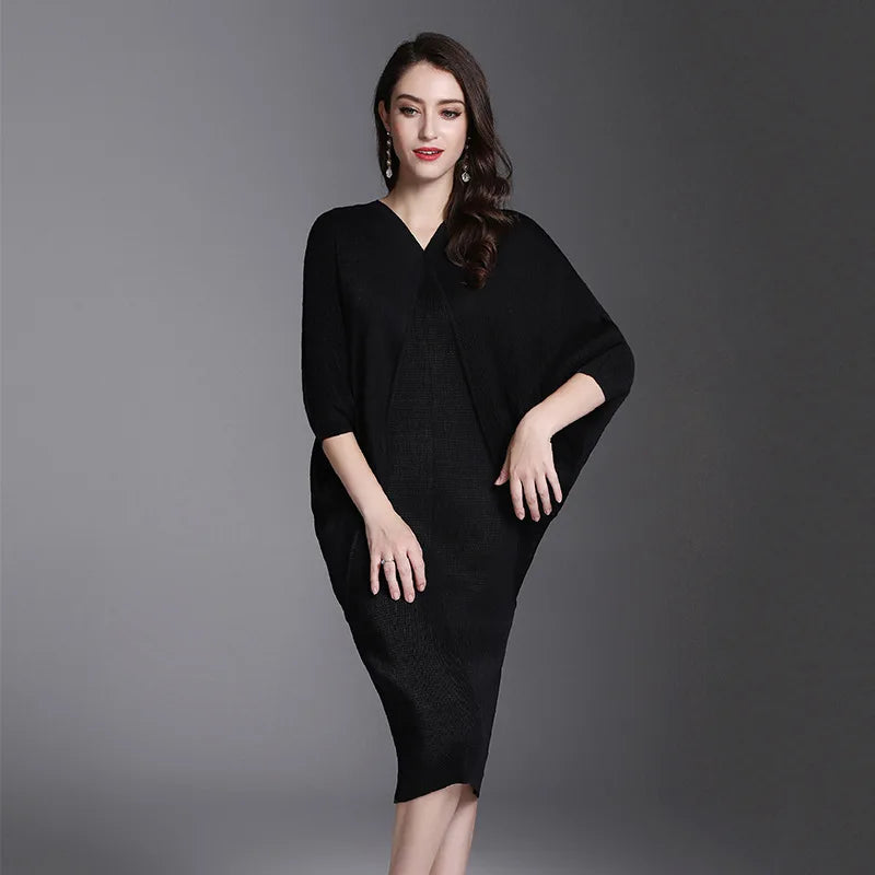 Miyake Solid Pleated Batwing Sleeve Mid-Calf Dress