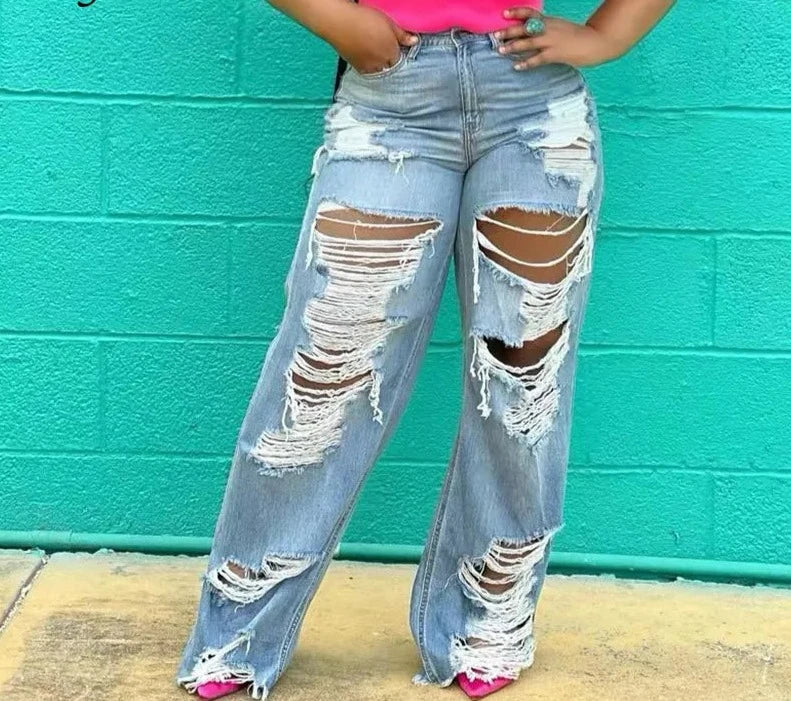 Wide Leg Ripped Denim Jeans