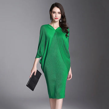 Miyake Solid Pleated Batwing Sleeve Mid-Calf Dress