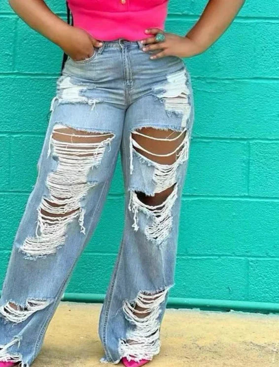Wide Leg Ripped Denim Jeans
