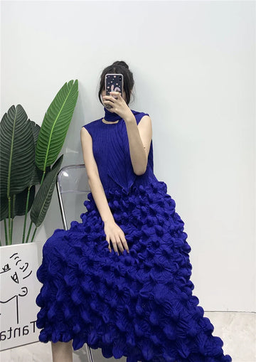 Miyake Pleated Sleeveless Bubbly Skirt Dress with Scarf