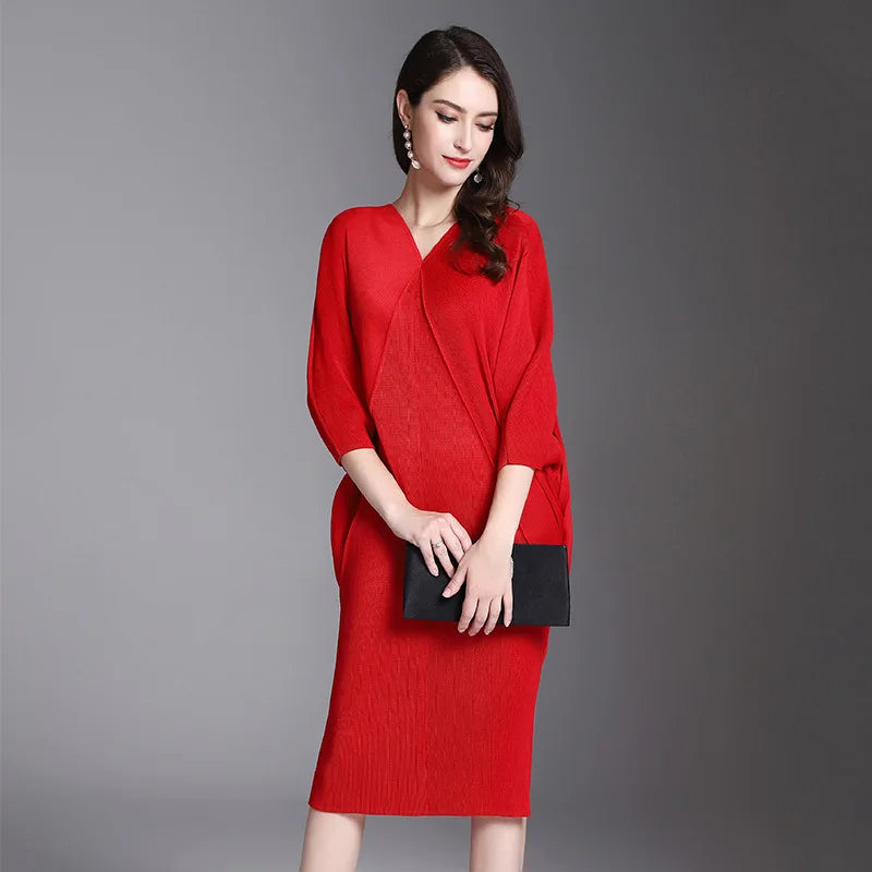 Miyake Solid Pleated Batwing Sleeve Mid-Calf Dress