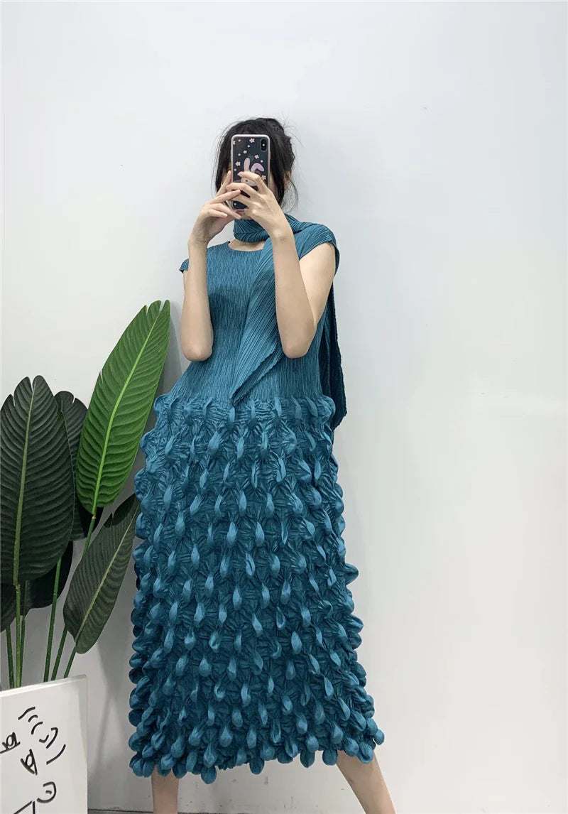 Miyake Pleated Sleeveless Bubbly Skirt Dress with Scarf