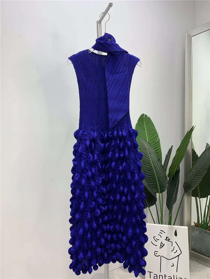Miyake Pleated Sleeveless Bubbly Skirt Dress with Scarf