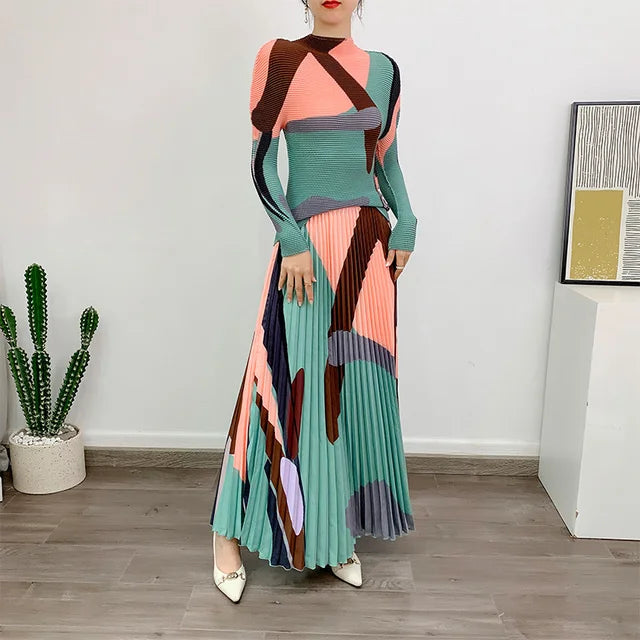 2-Piece Pleated Long Sleeve Top & Elastic Waist Skirt Set