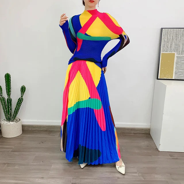 2-Piece Pleated Long Sleeve Top & Elastic Waist Skirt Set