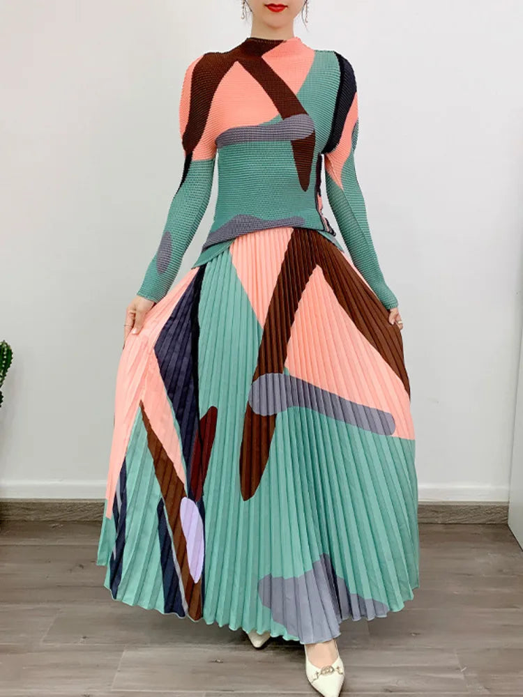 2-Piece Pleated Long Sleeve Top & Elastic Waist Skirt Set