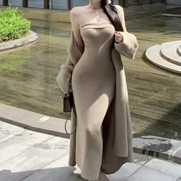 Fall 2025 Strapless Dress & Long Cardigan Set for Women