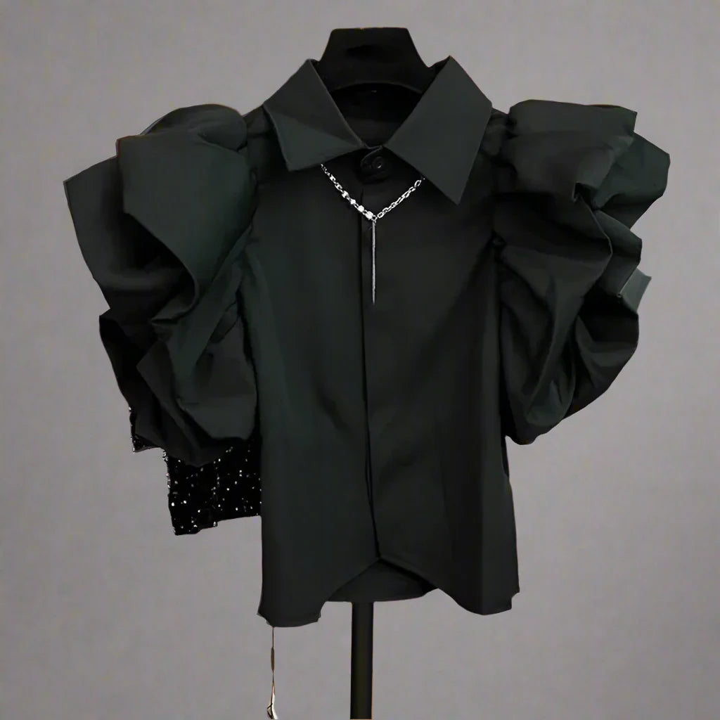 Exaggerated Ruffled Sleeve Black Slim Fit Blouses