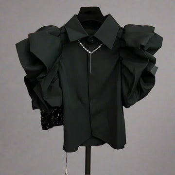 Exaggerated Ruffled Sleeve Black Slim Fit Blouses