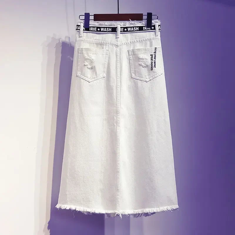 White Distressed Denim Mid-Calf Skirt| Chic Casual Women¡¯s Skirt