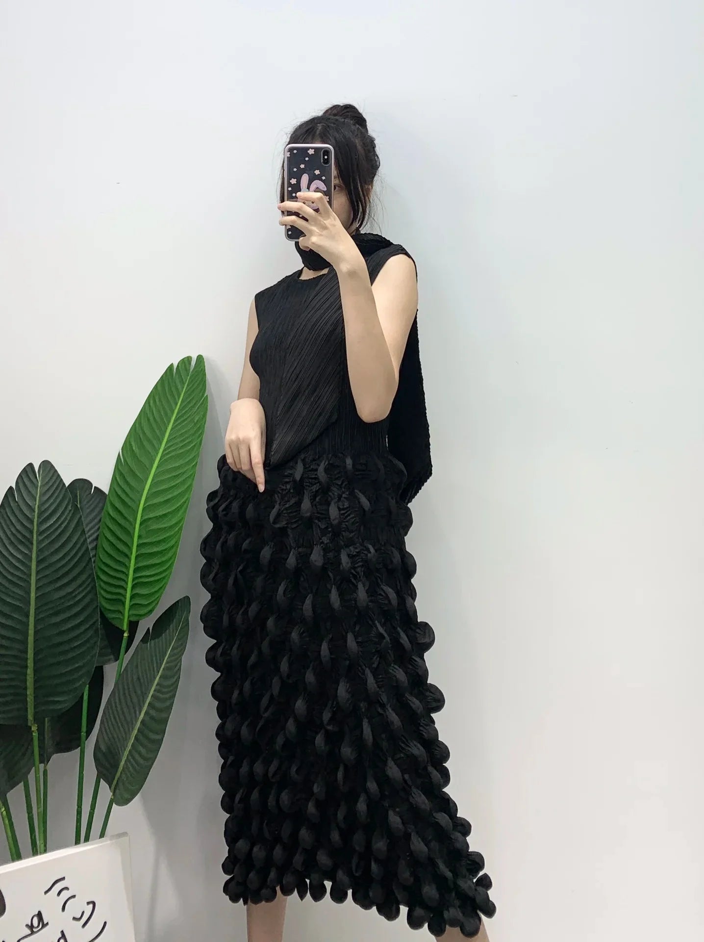 Miyake Pleated Sleeveless Bubbly Skirt Dress with Scarf