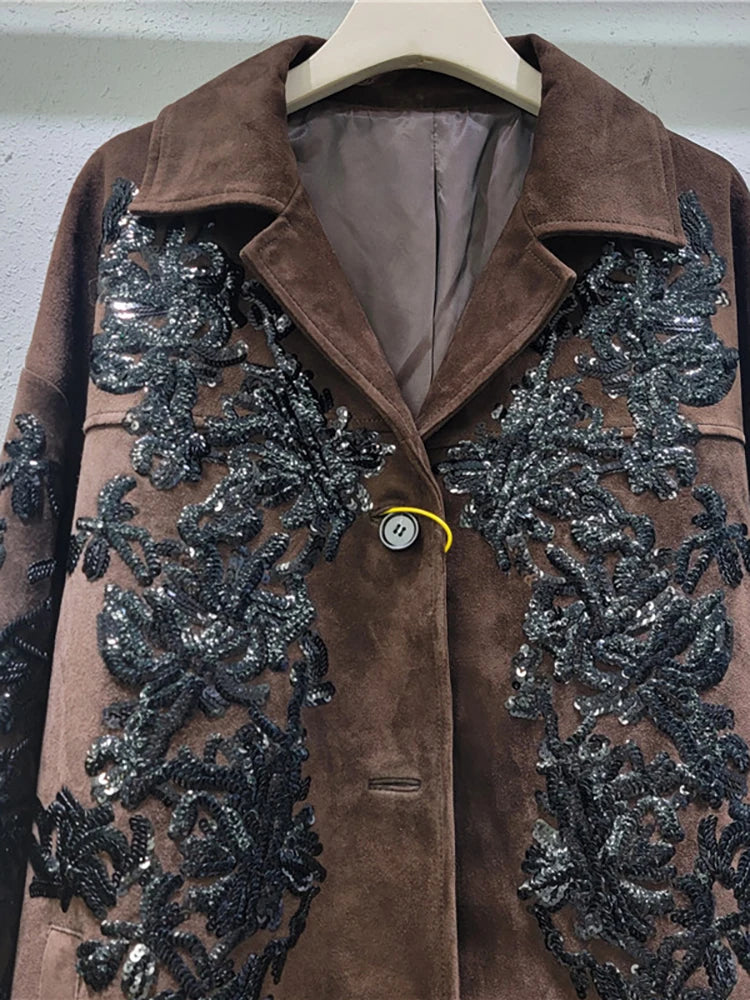Notched Collar Sequin Embroidery Suede Blazer