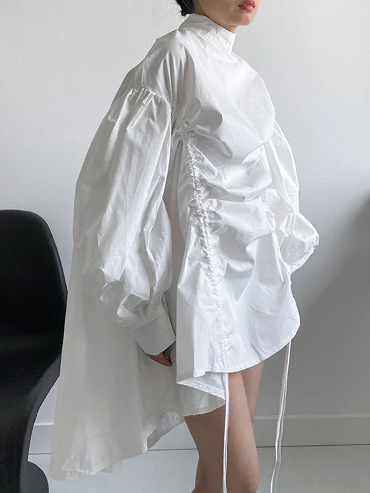 Drawstring Puffed Sleeve White Blouse