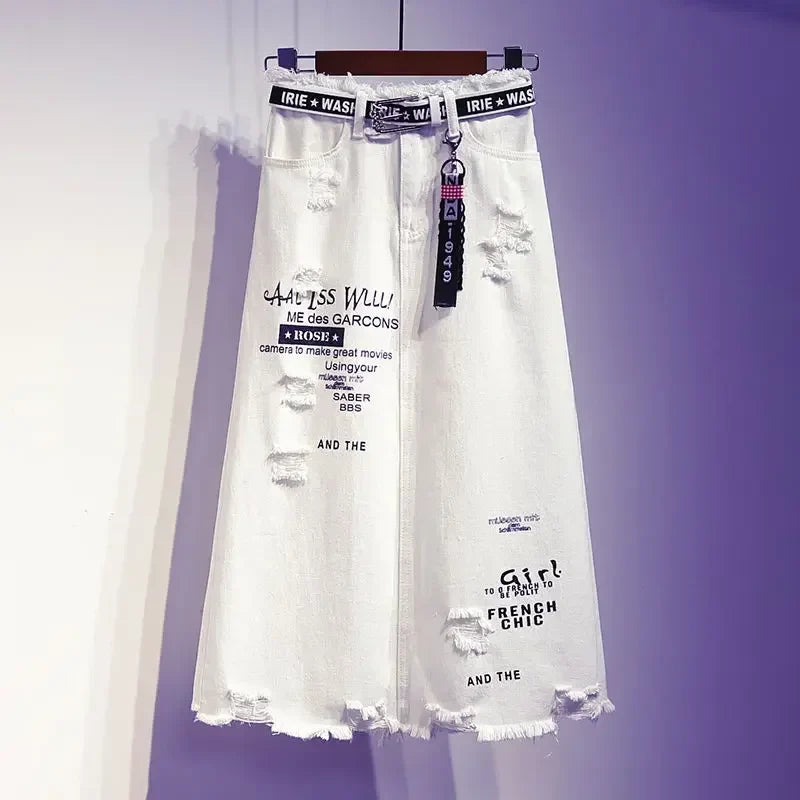 White Distressed Denim Mid-Calf Skirt| Chic Casual Women¡¯s Skirt