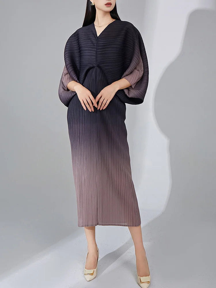 Bright Ombre Gradient Pleated Dress