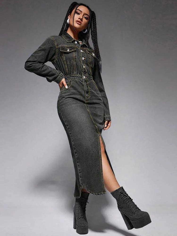Turn-Down Collar Denim Maxi Dress