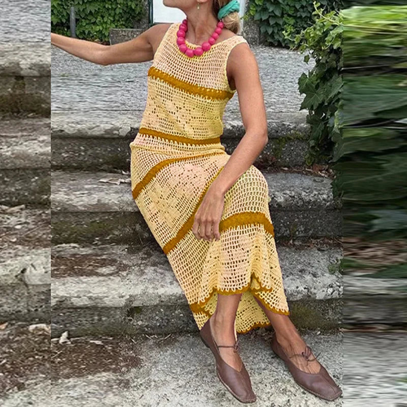Crochet Hollow Knit Dress| Striped Sleeveless O-Neck