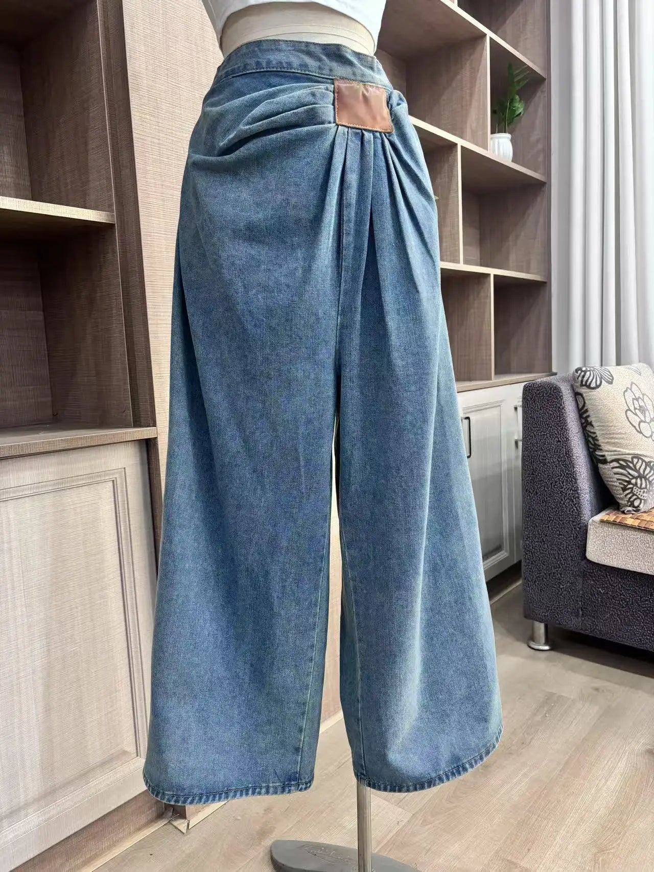 Ruched Waist Wide Leg Denim Trouser