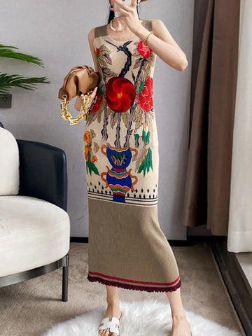 Orient Garden Sleeveless Round Neck Stretch Dress for Women