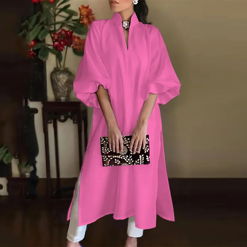 Bright High Collar Maxi Dress with Split